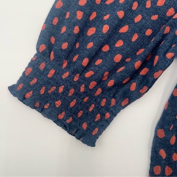 LUCKY BRAND Navy w/ Orange Polkadots Knit Blouse w/ Puff Sleeves Women’s Size L - Picture 7 of 11
